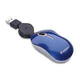 Verbatim Wired Optical Computer Mini USB-A Mouse - Plug & Play Corded Small Travel Mouse with Retractable Cable β Blue 98616