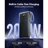 20000mAh Portable Power Bank with Built-In Cable PD QC 3.0 4-Out 2-In Black
