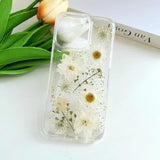 Clear Case with Pressed Real Flowers Design for iPhone 15 Pro Max - Glitter Cute White Floral Pattern Slim Soft TPU Protective Women's Phone Cover