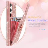 For Samsung Galaxy S23 Ultra Case Wallet,Glitter Sparkle 5 Card Holder Kickstand 360°Rotation Ring With 1Xcamera Lens Protector Shockproof Protective Galaxy S23 Ultra Case,6.8Inch,Rose Gold