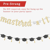 Mastered It Banner, Gold Graduation Banner With Glitter Letter, 12" X 6.5" Cardstock, 9.8Ft Strand Wire, Wall Mount, Perfect For Indoor Masters Graduation Party Decorations