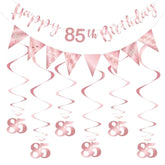 85Th Birthday Decoration Kit, Happy 85Th Birthday Banner Bunting Swirls Streamers, Triangle Flag Banner For Birthday Party Decorations Supplies Rose Gold 85Th