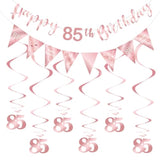 85Th Birthday Decoration Kit, Happy 85Th Birthday Banner Bunting Swirls Streamers, Triangle Flag Banner For Birthday Party Decorations Supplies Rose Gold 85Th