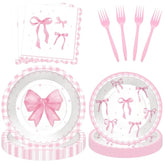 100 Pcs Pink Ribbon Bow Party Supplies Set - Serves 25, Watercolor Disposable Tableware, Includes Paper Plates, Napkins, Forks For Wedding, Bachelorette, Birthday, Girl’S Coquette-Style Themed Favors