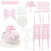 Pearl Bowknot Cake Toppers,Happy Birthday Cake Toppers,Ribbon Bows Cake Decoration Pearl Chain For Wedding Bridal Shower Birthday Bow Theme Party Decorative Supplies(Pink)