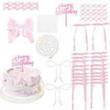 Pearl Bowknot Cake Toppers,Happy Birthday Cake Toppers,Ribbon Bows Cake Decoration Pearl Chain For Wedding Bridal Shower Birthday Bow Theme Party Decorative Supplies(Pink)