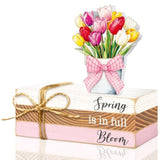 4 Pcs Spring Table Decor Tulip Wooden Sign Spring Farmhouse Wooden Block Decorative Floral Book Tiered Tray Easter Decor Rustic Decoration For Bookshelf Fireplace Desk Living Room(Classic)