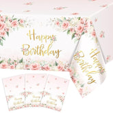 3 Pcs Rose Gold Pink Floral Happy Birthday Tablecloths 108x54 Inch