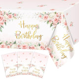 3 Pcs Rose Gold Pink Floral Happy Birthday Tablecloths 108x54 Inch