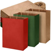 120 Pcs Brown Red And Green Christmas Gift Bags Holiday Gift Kraft Paper Bags With Handles For Wedding Baby Shower Bridal Shower Shopping Party Favor Business, 8.26 X 6.3 X 3.15 Inches