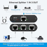 Ethernet Splitter 1 To 3 High Speed Lan Splitter 1000Mbps Gigabit Rj45 Ethernet Switch With Usb C Power Cable For Cat5/5E/6/7/8 Cable