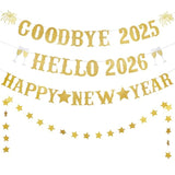 Gold Glitter Goodbye 2025 Hello 2026 Banner New Year’s Eve Party Decor