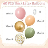 60pcs Retro Sage Pink Gold Balloons for Jungle, Woodland, Xmas, Parties