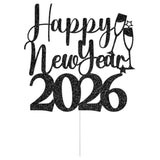 Happy New Year 2026 Cake Topper Black Glitter for Holiday & NYE Party