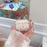 3D Tulip For Airpods Pro/Airpods Pro 2 Case With Keychain, Clear Glitter Pink Floral Design, Shockproof Protective Cover For Women Girls With Flower Charm Strap