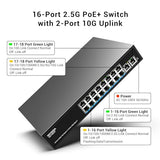 16 Port 2.5G Poe Switch Unmanaged With 16 Port 2.5Gb Base-T Poe+@250W + 2 X 10G Rj45 Uplink, 18 Port 2.5Gbe Ieee802.3Af/At Power Over Ethernet Switch, Support Wifi6 Ap, Nas, 4K Poe Camera Nvr.