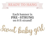 Pre-Strung Sweet Baby Girl Banner - No Diy - Gold Glitter Gender Reveal Party Banner For Girl - Pre-Strung Garland On 8 Ft Strand - Baby Shower Party Decorations. Did We Mention No Diy