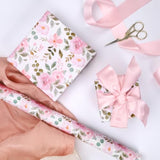 Reversible Floral Wrapping Paper Roll - 17 Inches X 33 Feet (47 Sq. Ft. Ttl.) Pink Watercolor Roses Design Flower Gift Wrap For Wedding, Bridal Shower, Mother'S Day