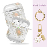 Compatible With Airpods Case Cover, Soft Tpu Case With Cute Flower Pattern For Airpods 2&1 Generation Case With Flower Keychain And Carabiner For Girls Women (White)