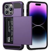 For Iphone 14 Pro Max Case Wallet Credit Card Holder Id Slot Sliding Door Hidden Pocket Men Women Anti-Scratch Dual Layer Hybrid Bumper Armor Protective Shell Back Cover Greypurple 6.7 Inch