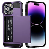 For Iphone 14 Pro Max Case Wallet Credit Card Holder Id Slot Sliding Door Hidden Pocket Men Women Anti-Scratch Dual Layer Hybrid Bumper Armor Protective Shell Back Cover Greypurple 6.7 Inch