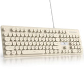 Wired Retro Typewriter Keyboard, Quiet Full Size Membrane Keyboard Light Up, Cute Computer Keyboards, 104 Round Keys, Blue Led Backlit, Slim, Silent For Windows Pc, Laptop