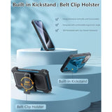 For Iphone 15-Pro-Max Phone Case 6.7", Built-In Screen Protector & Kickstand & Belt-Clip Heavy Duty Military Grade Shockproof Protection Rugged Case - Blue