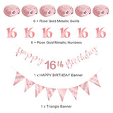 Rose gold 16th birthday decor with banner, bunting, swirls & triangle flags