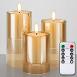 Flameless Candles With Remote Timer - Glass Real Wax 3D Wick Led Pillar Votive Candle Set Battery Operated Flickering Light For Home Christmas Decoration - Gold 3 Pack