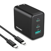 TECKNET 65W GaN Wall Charger PD 3.0 USB-C Travel Adapter,3-Port Foldable Fast Charger with 5ft Cable for iPhone 16 Pro Max/16 Plus/16/15/iPad/Galaxy S24/S25/MacBook Pro/Switch? and More Series