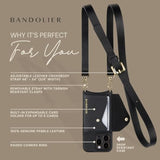Bandolier Hailey Crossbody Wallet Phone Case for iPhone 16 Pro. 100% Genuine Pebble Leather with Gold Hardware. Adjustable & Removable Strap. Expandable Flip Card Holder. Black with Gold