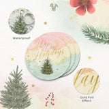 Watercolor Happy Holidays Stickers | Envelope Seals | 1.4 Inch | 135-Pack | Waterproof | Gold Foil | Pink Yellow And Green Watercolor Christmas Stickers Christmas Tree And Stars