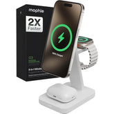 Mophie Snap+ 3-in-1 Wireless Charging Stand - MagSafe & Qi2 Certified, Compatible w/iPhone 17/16/15/14/13/12, Apple Watch, AirPods - Multi-Device Magnetic Charging Station, Eco-Friendly Design, White