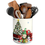 Christmas Kitchen Decor Ceramic Utensil Holder, Cute Christmas Gnome Truck Utensils Holder, Xmas Ceramic Utensils Crock For Rustic Farmhouse Indoor Kitchen Decorations(6.3 Inches)