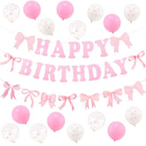 Pink Bow Birthday Decorations For Women Girls Pink Balloons & Banner Coquette Bow Birthday Party Decor For Bow Theme Party