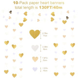 10 Pack 130Ft White-Gold Holographic Heart Party Garland Asymmetrical Love Hanging Banners For Birthday, Wedding Engagement Bachelorette Party Baby Bridal Shower Decoration