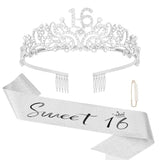 Birthday Crown And Sweet 16 Sash Glitter Kit For Girls - Silver Metal Costume Circlet, Gold Shiny Cloth Sash With Pearl Pin - 16Th Birthday Party Supplies And Favors