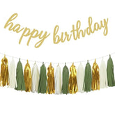 Happy Birthday Decorations - Gold Happy Birthday Banner And Paper Tassel Garland For Sage Green Birthday Party Decorations