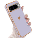 Compatible With Google Pixel 9 5G Case For Women Girl, Plating Edge Cute Love Heart Soft Tpu Bumper With 4 Corners Shockproof Protection Phone Case Cover For Pixel 9 Pro 5G(Purple)