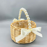Wicker Rattan Flower Girl Basket with Bows & Pearl Handle for Weddings & Home Decor