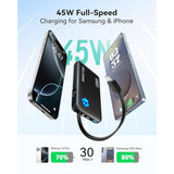 45W Portable Charger, 10000Mah Built-In Usb C Cable Fast Charging Power Bank, 2 Usb-C, 1 Usba Battery Pack, Slim Powerbank For Iphone 16/15 Pro Max, Ipad, Samsung S25/S24 Etc Travel Essentials