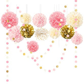 15PCS Pink Gold Wedding Baby Shower Decor – Pom Poms & Garland Backdrop Set