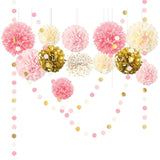 15PCS Pink Gold Wedding Baby Shower Decor β Pom Poms & Garland Backdrop Set