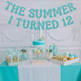 Summer I Turned 12 Banner, Blue Glitter Teen Boy 12th Birthday & Beach Decor