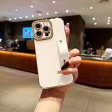 For Iphone 16 Pro Case Cute, Luxury Gold Plated For Women Girls Elegant Tpu Bumper Cover With Wrist Strap Kickstand Camera Protection Shockproof Silicone Phone Case For Iphone 16 Pro, White