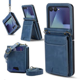 For Samsung Galaxy Z Flip 7 Pu Leather Wallet Phone Case With Card Slots (Holds 5-7 Cards), Anti-Drop Protection, Wrist & Shoulder Strap Blue