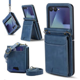 For Samsung Galaxy Z Flip 7 Pu Leather Wallet Phone Case With Card Slots (Holds 5-7 Cards), Anti-Drop Protection, Wrist & Shoulder Strap Blue