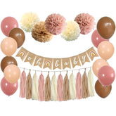 Boho Pink Brown Baby Shower Party Decorations Set - 40-Pack Mauve Blush Pink Tissue Pom Poms Paper Flowers Balloons Tassel Garland Banner Streamers For Baby Shower Backdrop Girl Birthday Nursery Decor