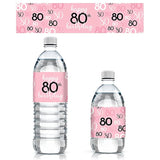 80Th Birthday Water Bottle Labels For Women – 20 Pink, Black & White Waterproof Wrappers, 80Th Birthday Party Decorations & Supplies For Her