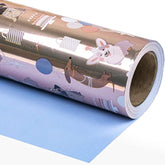 Reversible Birthday Wrapping Paper - Mini Roll - 17 Inch X 33 Feet - Adorable Dogs With Metallic Foil Shine And Solid Blue For Birthday, Party, Baby Shower